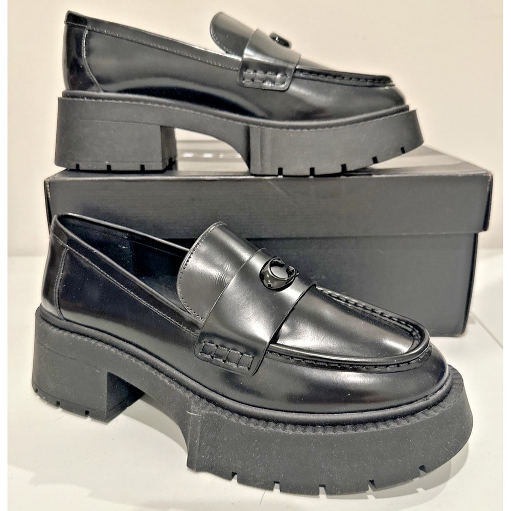 COACH Size 8B Leah Platform C Hardware Loafer Shoes Black Leather CZ382 Chunky